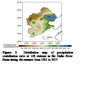 ??????:  

Figure 3  Distribution map of precipitation contribution rates at 148 stations in the Haihe River Basin during the summer from 1961 to 2015
